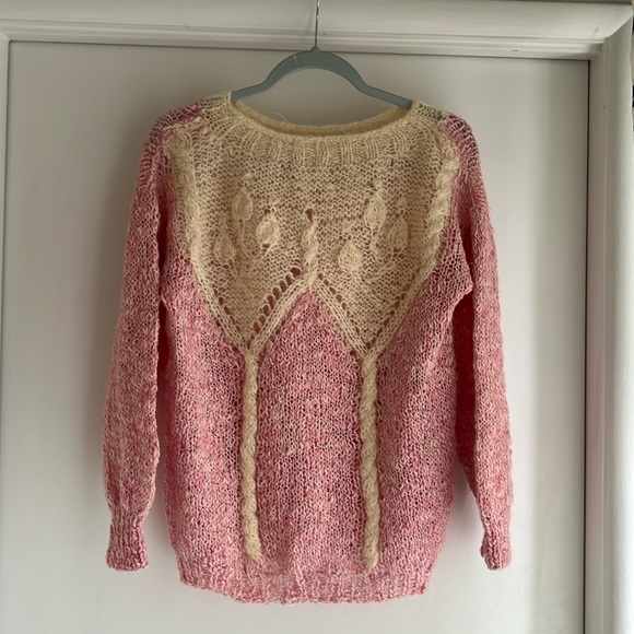 Women Vintage Pastel Sweater Large 80s Style Pink Fairy Hand Knit Pullover OS